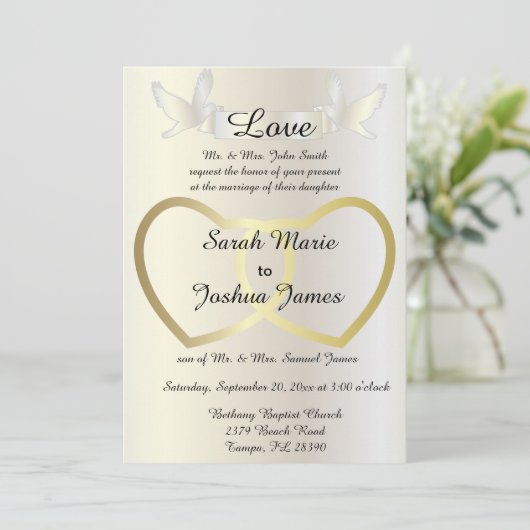 Uitnodiging voor bruiloft - Golden Hearts thema (Staand voorkant)