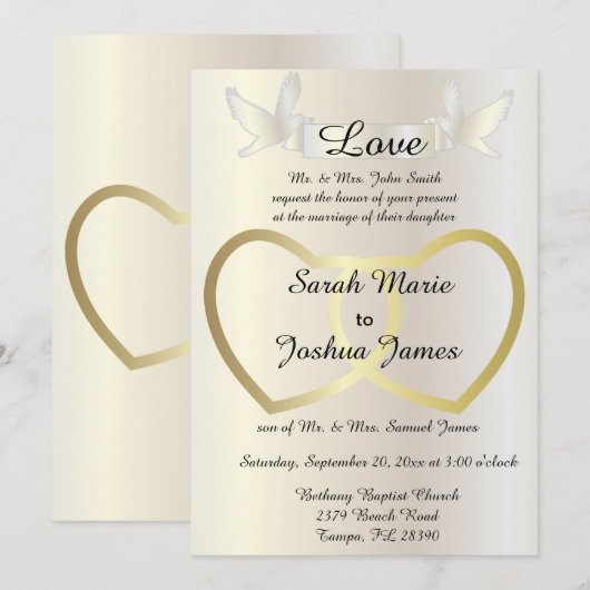 Uitnodiging voor bruiloft - Golden Hearts thema (Voorkant / Achterkant)