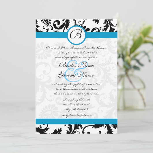 Uitnodiging voor bruiloft in Bright Aqua Damask Sw (Staand voorkant)
