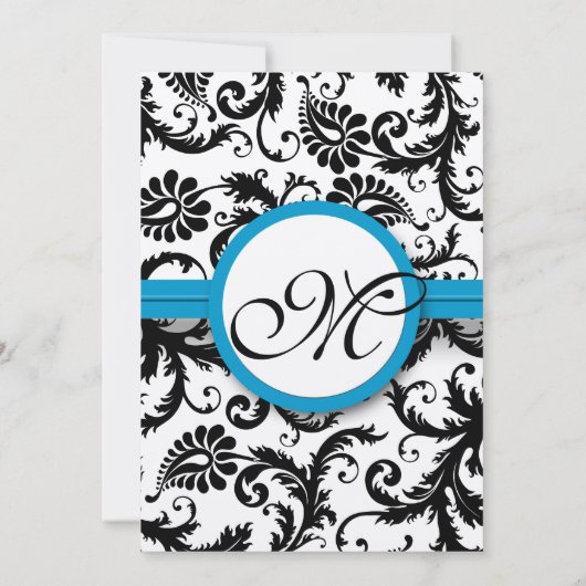 Uitnodiging voor bruiloft in Bright Aqua Damask Sw (Achterkant)