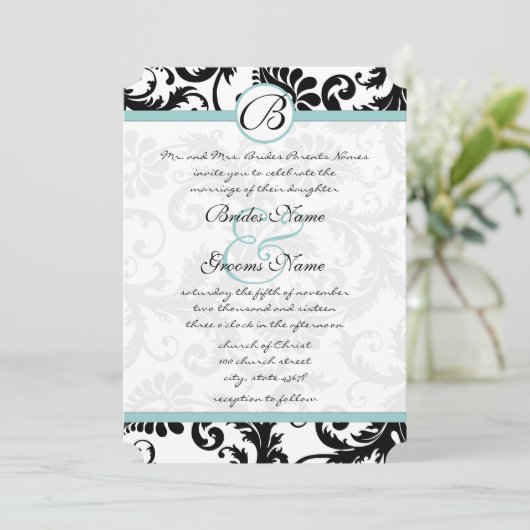 Uitnodiging voor bruiloft in Bright Aqua Damask Sw (Staand voorkant)