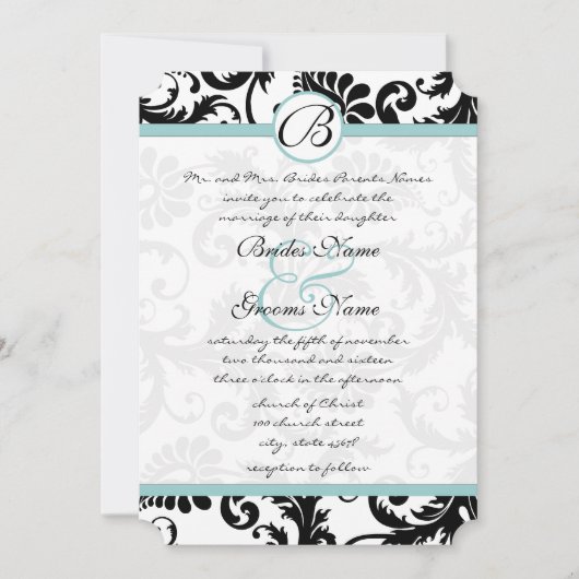 Uitnodiging voor bruiloft in Bright Aqua Damask Sw (Voorkant)