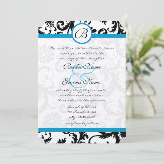 Uitnodiging voor bruiloft in Bright Aqua Damask Sw (Staand voorkant)