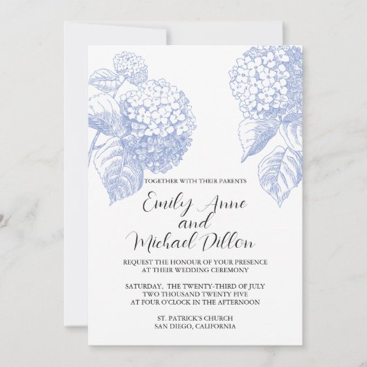 Uitnodiging voor bruiloft met Blue Hydrangea (Voorkant)