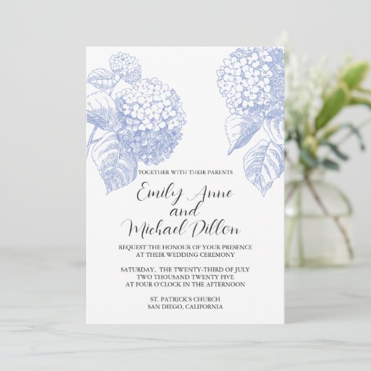 Uitnodiging voor bruiloft met Blue Hydrangea (Staand voorkant)