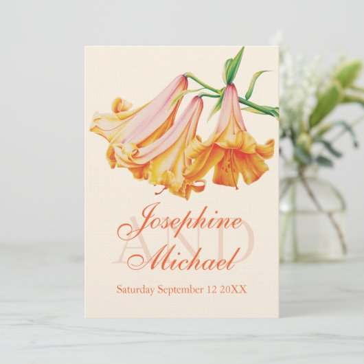 Uitnodiging voor bruiloft met lilies bruiloft (Staand voorkant)