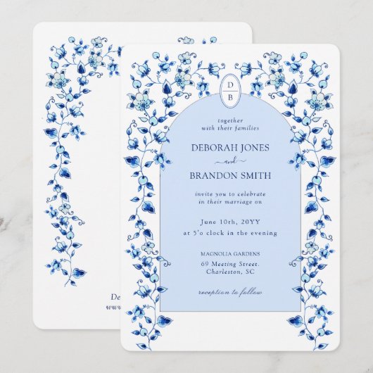 Uitnodiging voor bruiloft met Monogrammed Arch Del (Voorkant / Achterkant)