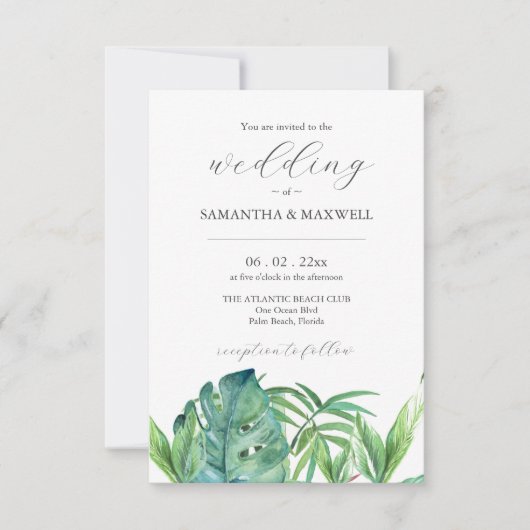 Uitnodiging voor bruiloft met QR Code Tropische bl (Voorkant)