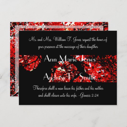 Uitnodiging voor bruiloft met zwart met rode bladb (Voorkant / Achterkant)