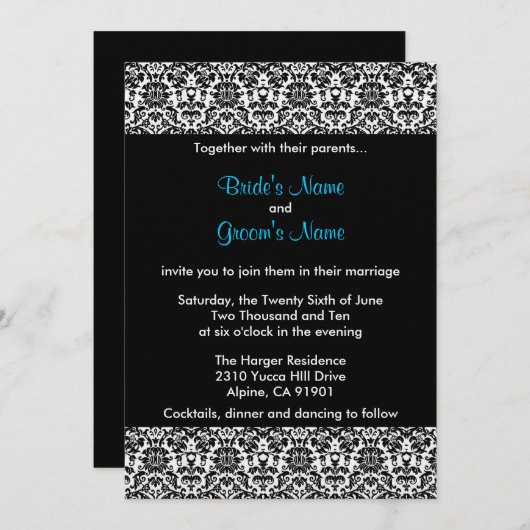 Uitnodiging voor bruiloft met zwart/wit/blauw Dama (Voorkant / Achterkant)