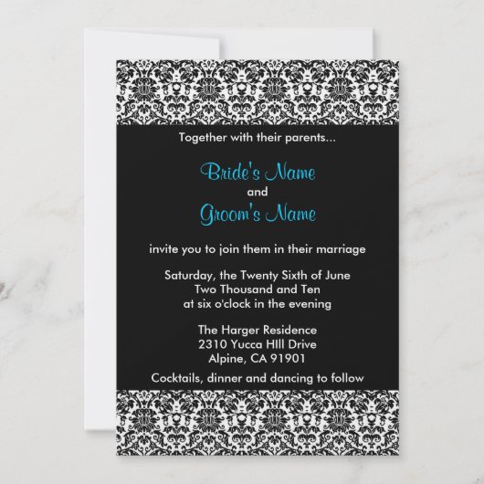 Uitnodiging voor bruiloft met zwart/wit/blauw Dama (Voorkant)