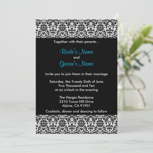 Uitnodiging voor bruiloft met zwart/wit/blauw Dama (Staand voorkant)