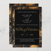 Uitnodiging voor bruiloft met zwarte en gouden mar (Voorkant / Achterkant)