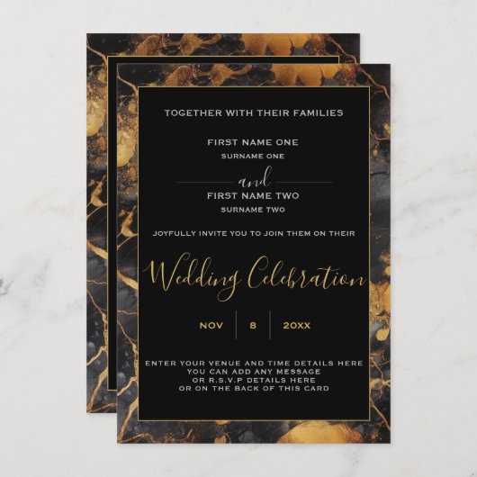 Uitnodiging voor bruiloft met zwarte en gouden mar (Voorkant / Achterkant)