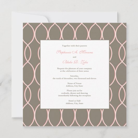 Uitnodiging voor bruiloft - Monogram roze en bruin (Voorkant)