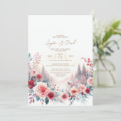 Uitnodiging voor bruiloft Rode rozen & pijnbomen (Staand voorkant)