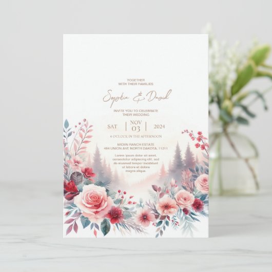 Uitnodiging voor bruiloft Rode rozen & pijnbomen (Staand voorkant)