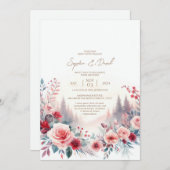 Uitnodiging voor bruiloft Rode rozen & pijnbomen (Voorkant / Achterkant)