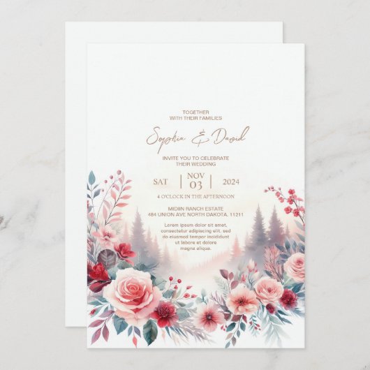 Uitnodiging voor bruiloft Rode rozen & pijnbomen (Voorkant / Achterkant)