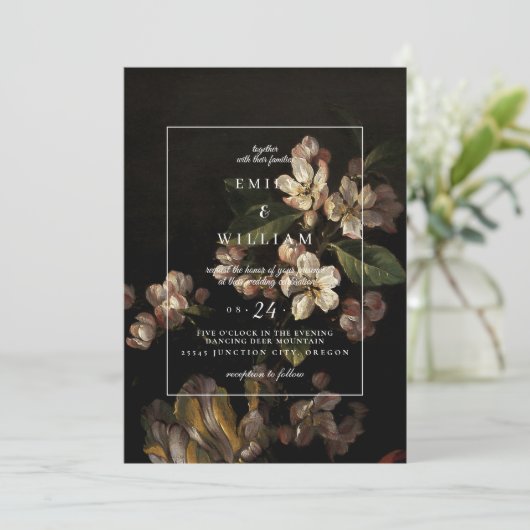 Uitnodiging voor bruiloft Romantic Moody Dark Flor (Staand voorkant)