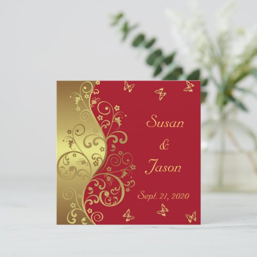 Uitnodiging voor bruiloft—Rood en goudzirls (Staand voorkant)
