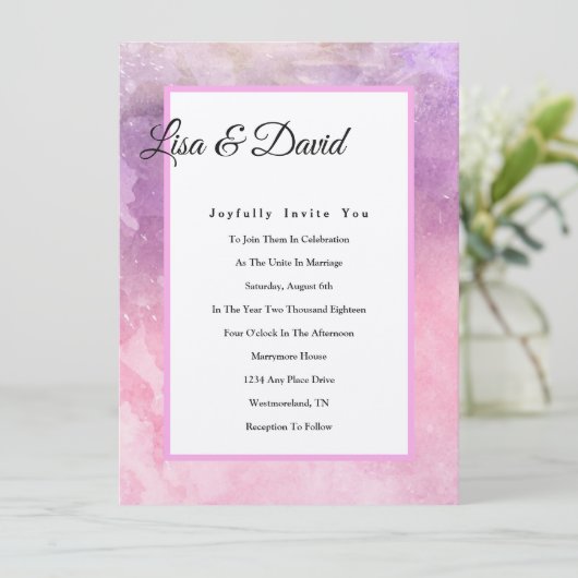 Uitnodiging voor bruiloft - Roze Waterverf (Staand voorkant)