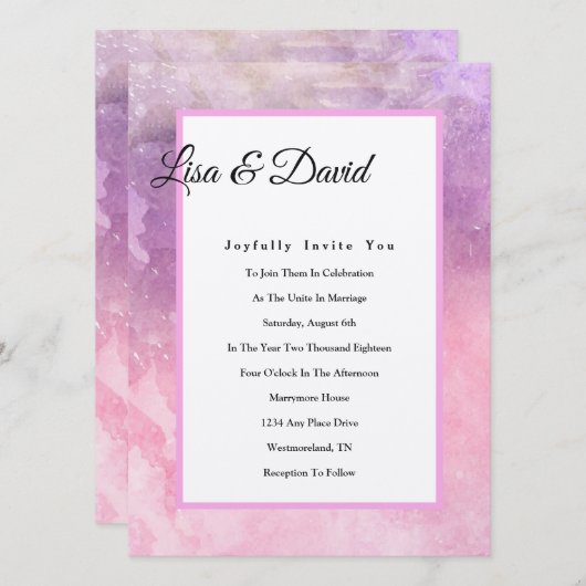 Uitnodiging voor bruiloft - Roze Waterverf (Voorkant / Achterkant)