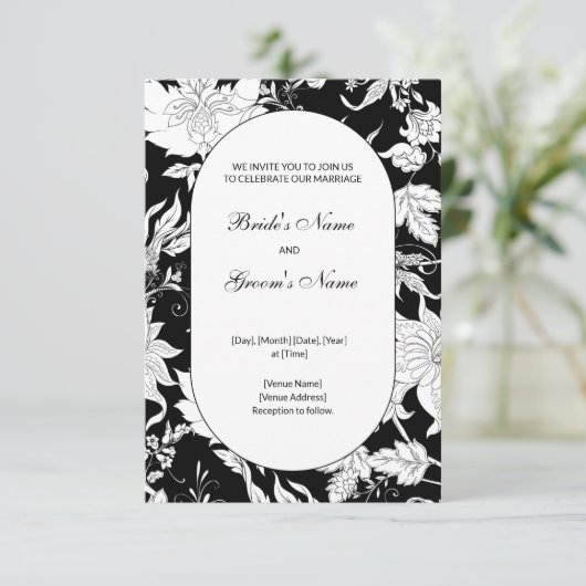 Uitnodiging voor bruiloft tussen zwart en wit (Staand voorkant)