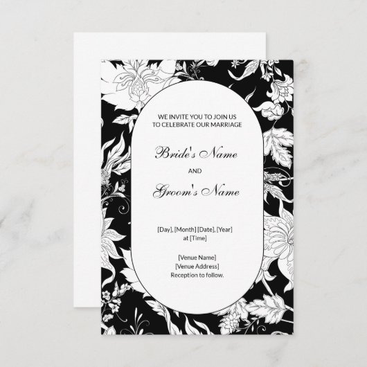 Uitnodiging voor bruiloft tussen zwart en wit (Voorkant / Achterkant)