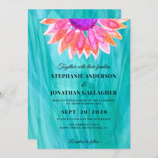 Uitnodiging voor bruiloft van Bright Floral (Voorkant / Achterkant)