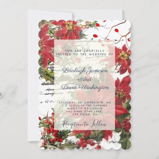 Uitnodiging voor bruiloft van Holly en poinsettias (Voorkant)