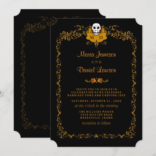 Uitnodiging voor bruiloft - Zwart en Oranje design (Voorkant / Achterkant)