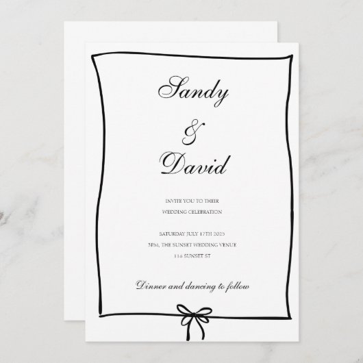 Uitnodiging voor bruiloft - Zwart-witte strik (Voorkant / Achterkant)