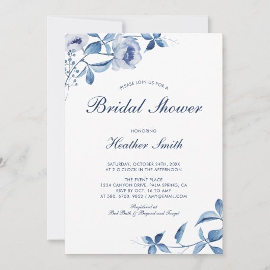 Uitnodiging voor bruiloftsfeest met blauwe aquarel (Voorkant)