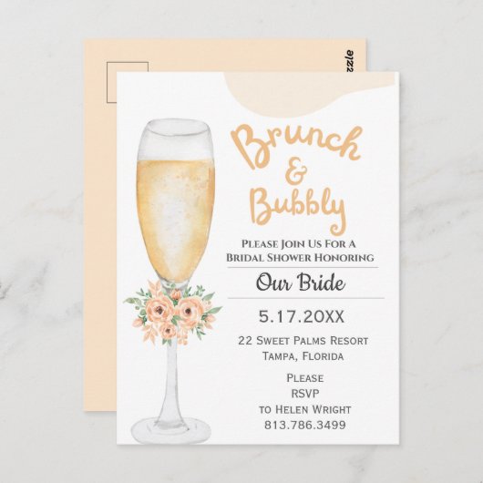 Uitnodiging voor Brunch & Bubble Bridal Shower (Voorkant / Achterkant)
