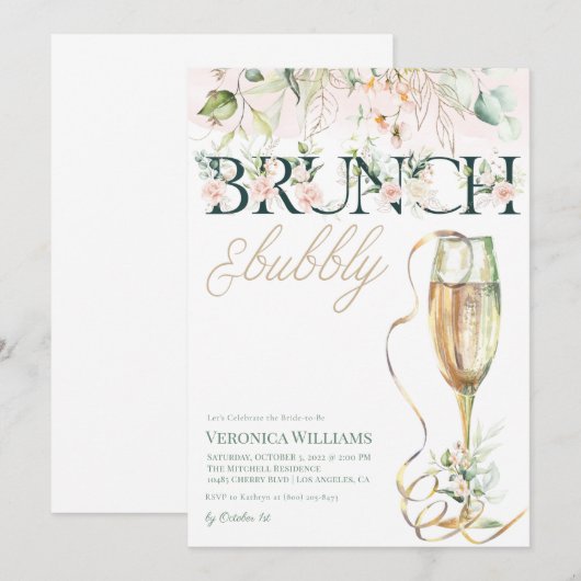 Uitnodiging voor Brunch & Bubble Bridal Shower (Voorkant / Achterkant)