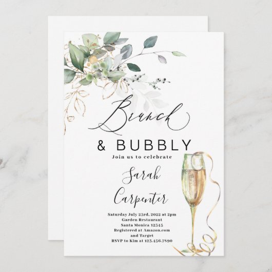Uitnodiging voor Brunch & Bubble Bridal Shower (Voorkant / Achterkant)