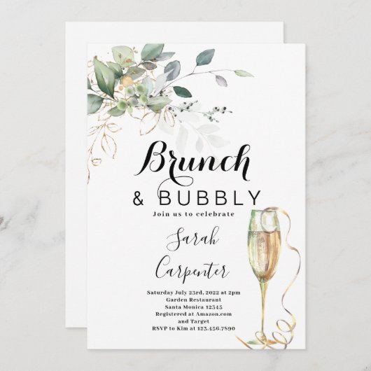 Uitnodiging voor Brunch & Bubble Bridal Shower (Voorkant / Achterkant)