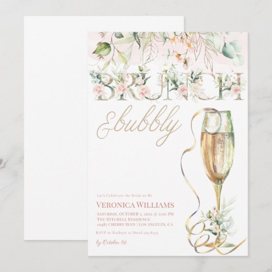 Uitnodiging voor Brunch & Bubble Bridal Shower (Voorkant / Achterkant)