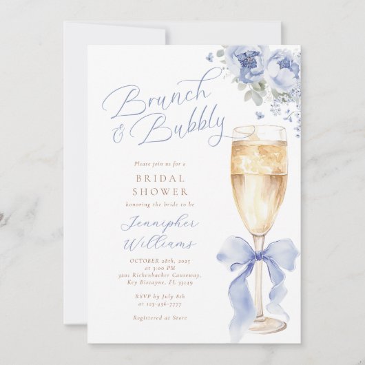 Uitnodiging voor brunch en bubble blue bruidsdouch (Voorkant)