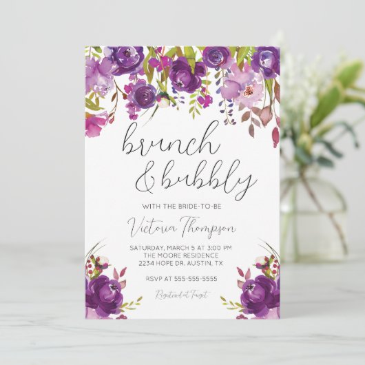 Uitnodiging voor Brunch en Bubble Paarse Floral Sh (Staand voorkant)