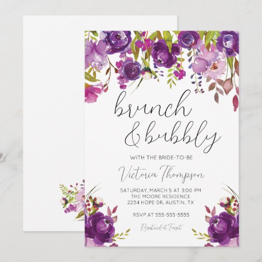 Uitnodiging voor Brunch en Bubble Paarse Floral Sh (Voorkant / Achterkant)
