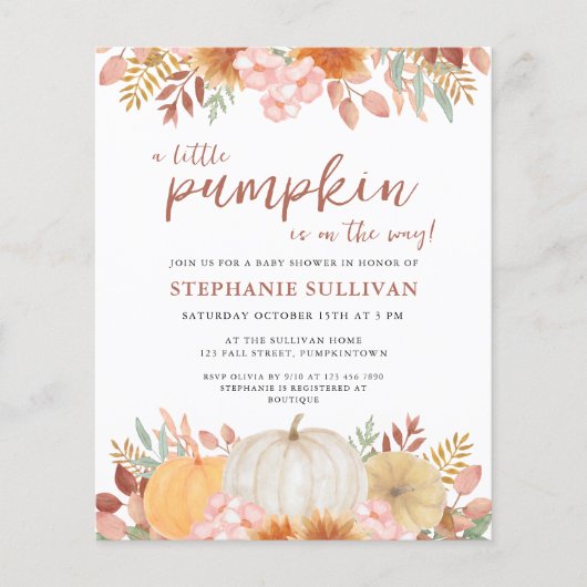 Uitnodiging voor budget baby shower met pompoen (Voorkant)