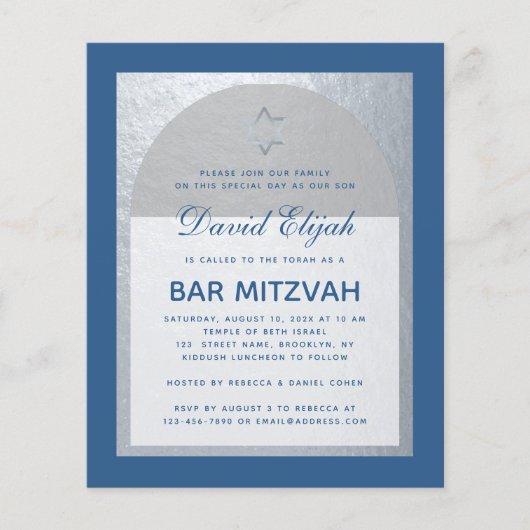 Uitnodiging voor Budget Bar Mitswa Klassiek Blauw  (Voorkant)