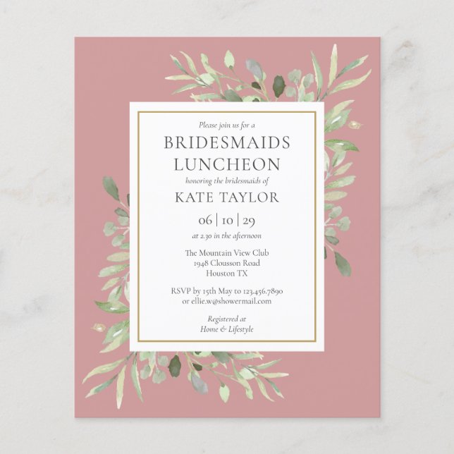 Uitnodiging voor budget bruidsmeisjes lunch in roz (Voorkant)