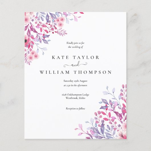 Uitnodiging voor budget-bruiloft met wilde bloemen (Voorkant)