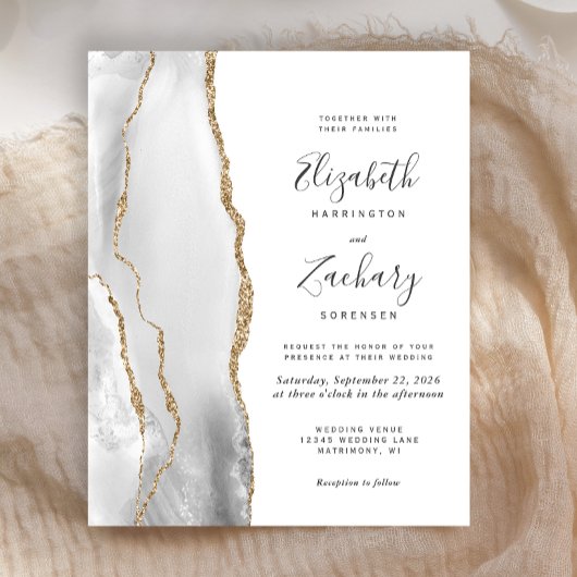 Uitnodiging voor budget grijs-wit gouden agaten br