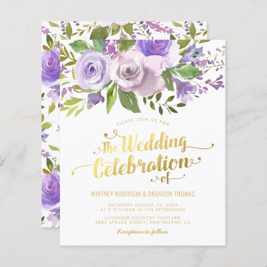 Uitnodiging voor budget paarse bloemenschildering  (Voorkant / Achterkant)