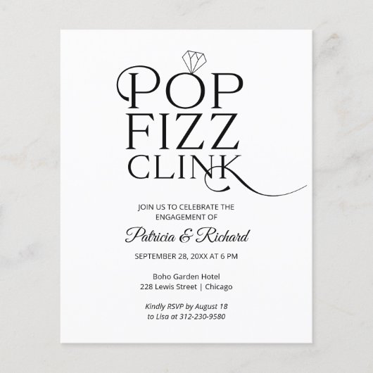 Uitnodiging voor budget pop fizz clink engagement (Voorkant)