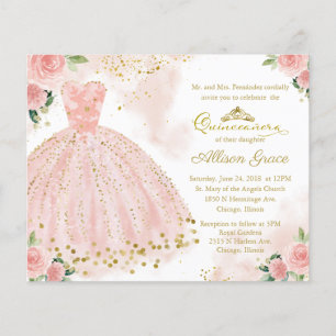 Uitnodiging voor budget Quinceanera gouden blozen